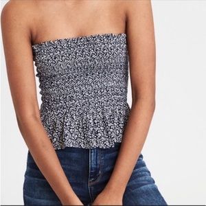 American Eagle Blue and White Smocked Floral Boho Tube Top